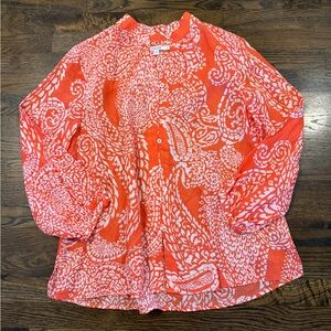 Chico’s Orange White Boho Print Paisley Blouse Top Sz 2 US 12 Lightweight Resort